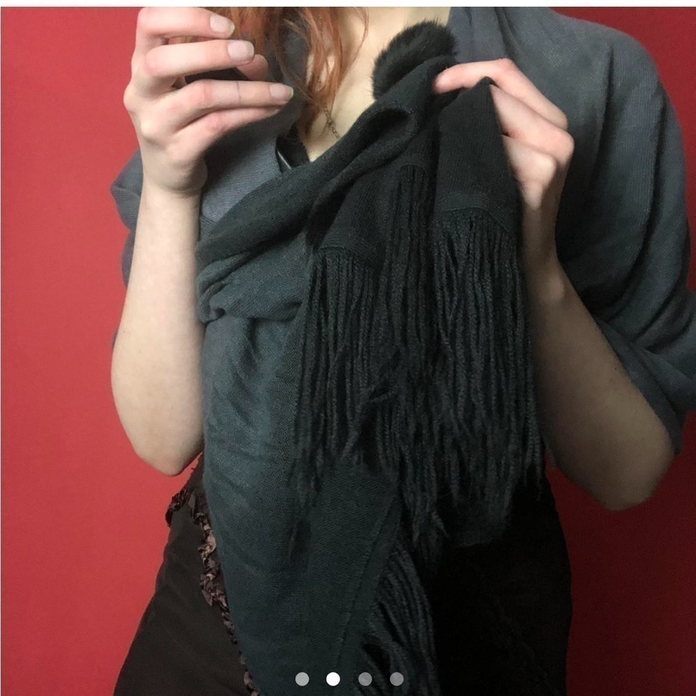 Black to grey ombré scarf with fuzzy black puffs on the ends